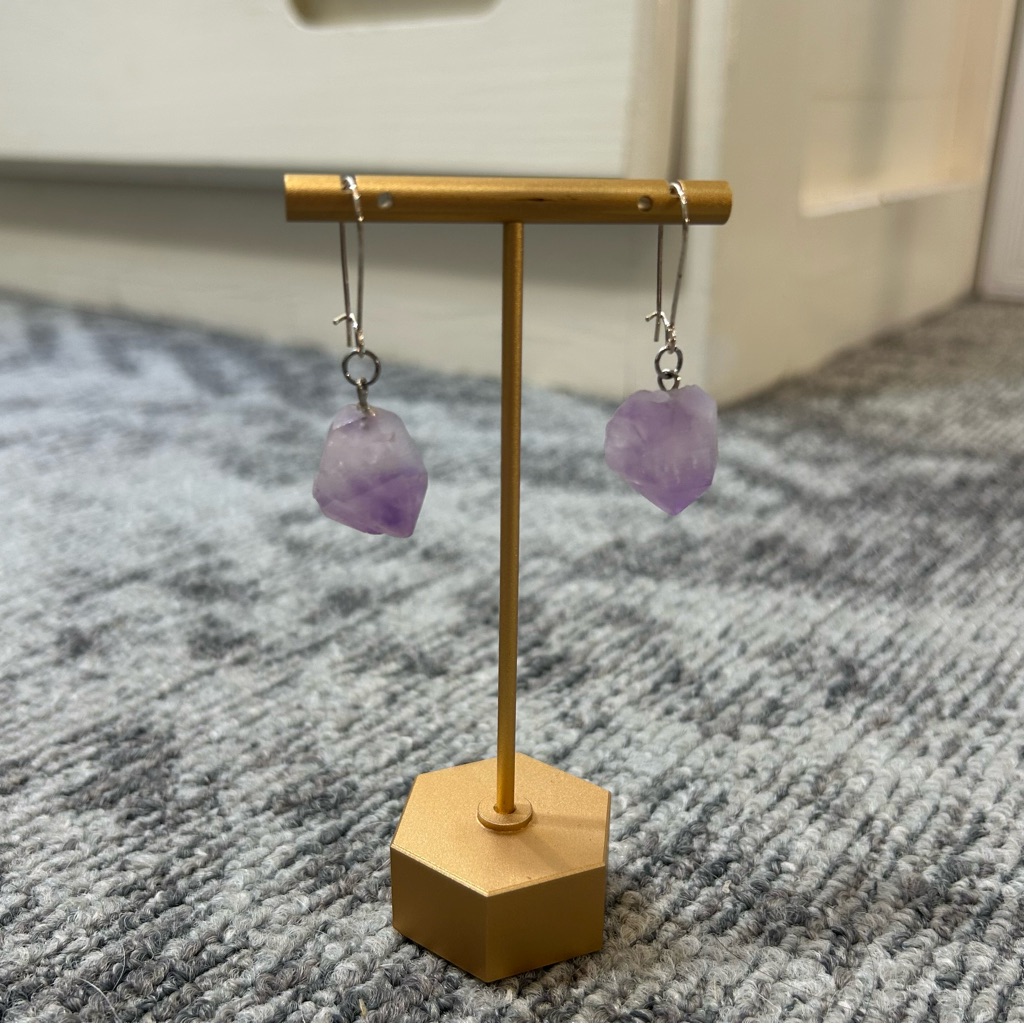 Purple Amethyst Natural Rock Stone Dangle Gemstone Silver Hook Drop Earrings